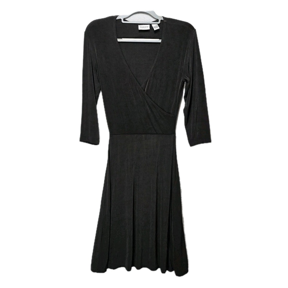 Chicos Travelers Faux Wrap Midi Dress Sz S Slinky Vneck Drapey Black Non Wrinkle